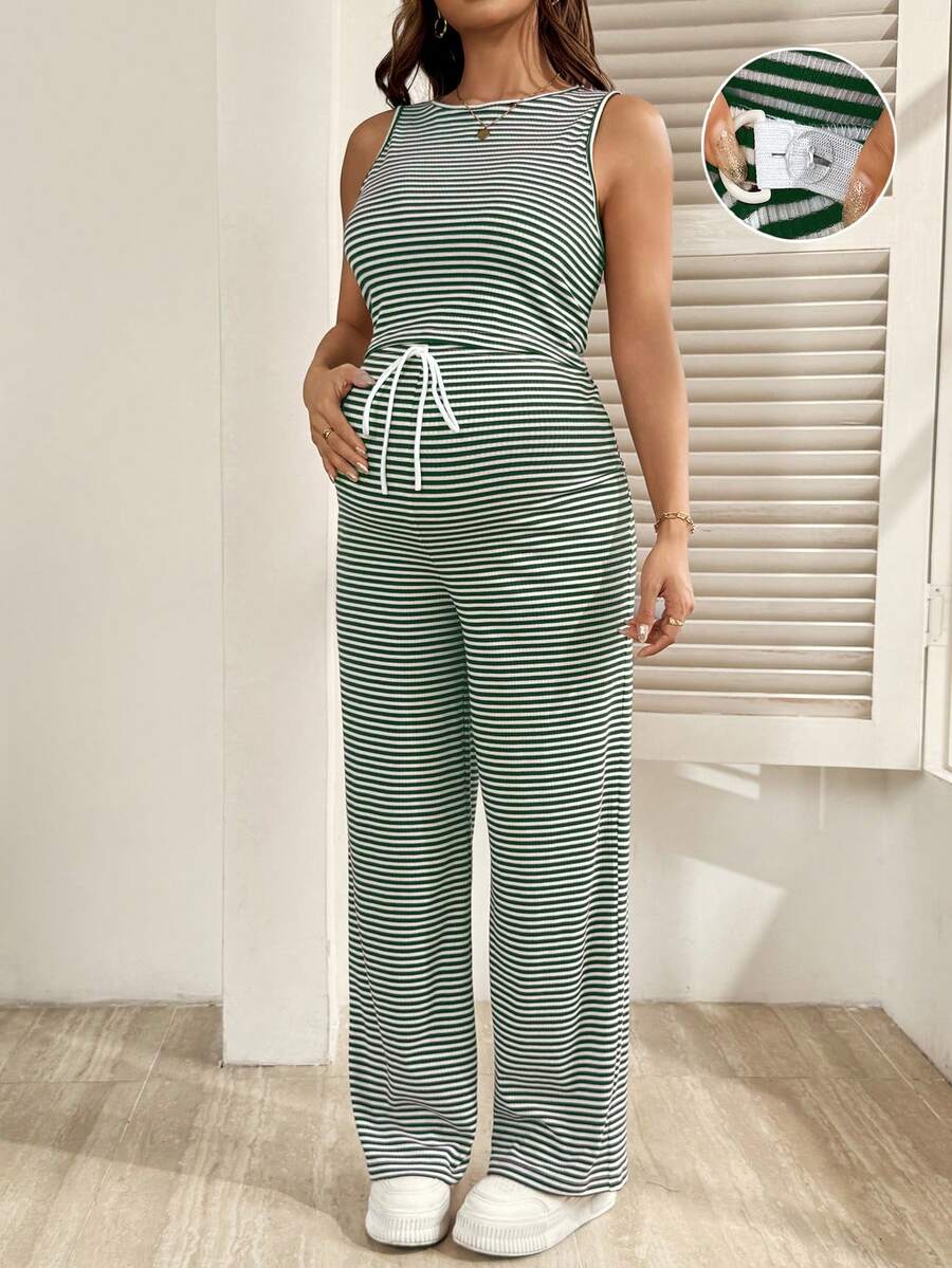 SHEIN 2件套孕妇休闲日常通勤撞色条纹印花无袖背心和可调节抽绳腰长裤,春夏秋季 - 綠色 - 查看 1