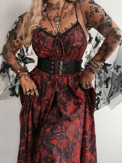 Whyspr Plus Size 3D Lace Bow Mesh Embroidered + Spaghetti Strap Floral Print Midi Dress, Elegant Retro Punk Goth Style Two Pieces Set