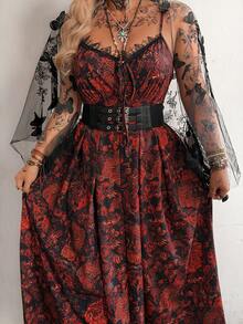 Whyspr Plus Size 3D Lace Bow Mesh Embroidered + Spaghetti Strap Floral Print Midi Dress, Elegant Retro Punk Goth Style Two Pieces Set - Multicolor - View 6