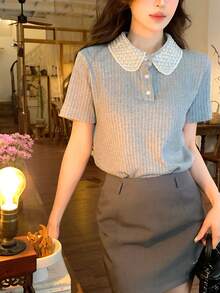 DAZY Women's Pearl Embellished Girly Short Sleeve T-Shirt - Grey - View 1