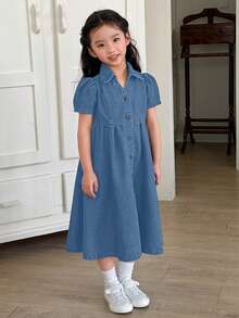 Dazy Kids Girls' Casual Turndown Collar Washed Denim Solid Color Dress, Korean Style Versatile - Blue - View 5