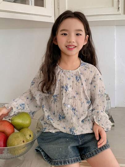 DAZY Áo thun dài tay cổ tròn kiểu Hàn Quốc in hoa tươi tắn cho bé gái, thích hợp mùa xuân/hè.