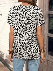 EMERY ROSE New Leopard Print Button V-Neck T-Shirt, Fashion Women Top - White - View 2