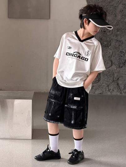 DAZY 男童休闲运动日常V领撞色滚边字母印花短袖T恤，夏季