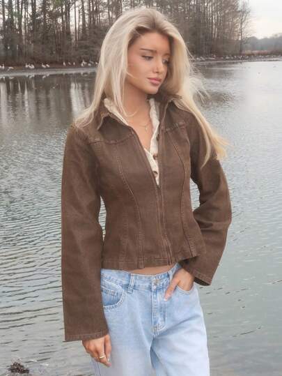 Sydney Algeri 水洗漂白牛仔拼接拉链翻领夹克，仅限秋季，复古乡村风，可爱又时髦，适合返校季穿着，休闲居家外套，女款，奶油糖色，冬日时尚。