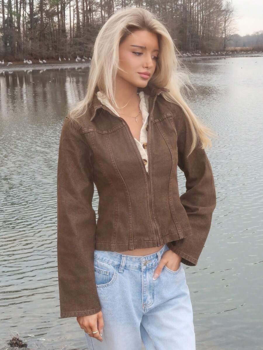 Sydney Algeri 水洗漂白牛仔拼接拉链翻领夹克，仅限秋季，复古乡村风，可爱又时髦，适合返校季穿着，休闲居家外套，女款，奶油糖色，冬日时尚。 - 棕色 - 查看 1