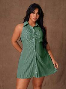 Rustia Plus Size Women Striped Knight Print Single-Breasted Sleeveless Casual Shirt Dress - Army Green - View 6
