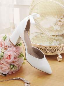 CUCCOO HITCHD 女士时尚百搭可爱蝴蝶结珍珠链串珠简约粗跟尖头鞋，浪漫优雅白色PU皮露趾搭扣镂空高跟凉鞋，适合婚礼、派对、约会、所有季节 - 白色 - 查看 6