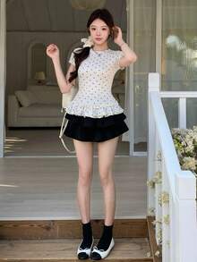 K-Vae Wave Striped Short Sleeve Cinched Waist New Knit Ballet Style Top - Beige - View 5