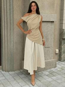 Aloruh Modern Beige Set,Elegant Summmer Vacation One-Shoulder Cinched Waist Metal Buckle Top & Straight-Leg Pants,Dignified Office Wear & Casual Outfits - Multicolor - View 4