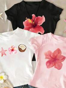 少女花朵贝壳印花短袖T恤，休闲舒适，适合户外、运动、摄影、居家、学校、节日等场合，也是馈赠佳品。 - 彩色 - 查看 3
