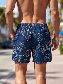 Horizaway 男士夏季度假海龟印花抽绳腰沙滩短裤 - 藏蓝色 - 查看 2