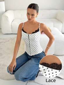 Siren Gaze Women's Polka Dot & Lace Patchwork Fashion Camisole - Black and White - View 2