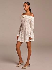 COSMINA 女士优雅杏色喇叭袖露肩蕾丝A字迷你连衣裙，休闲时尚派对假日连衣裙 - 杏色 - 查看 4