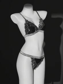 2pcs Set Elegant French Embroidered Lace Comfortable Sexy Lingerie Set - Black - View 9