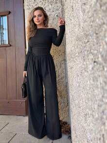 Jeta Ari Women's Casual Pleated Loose Straight Leg Jumpsuit With Oblique Shoulder And Long Sleeve, Suitable For Spring And Autumn - Black - View 6