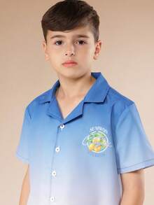 SUMWON 男童夏季度假渐变蓝色领纽扣衬衫和配套抽绳短裤两件套 - 藍色 - 查看 5