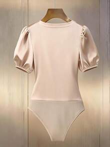 Franclia Women's Rhinestone Decorated Short Sleeve Bodysuit Satin - Champagne - View 2