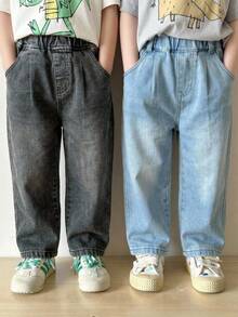 2pcs/Set Baby Boys' Loose Fit Washed Denim Jeans,Grey Summer 2016 Aesthetic Back-To-School,Criss-Cross Pleated Lightweight Soft Toddler Denim Pants - Multicolor - View 4