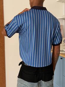 STEELVANCE 男士休闲条纹字母印花短袖Polo衫，夏季 - 藍色 - 查看 2