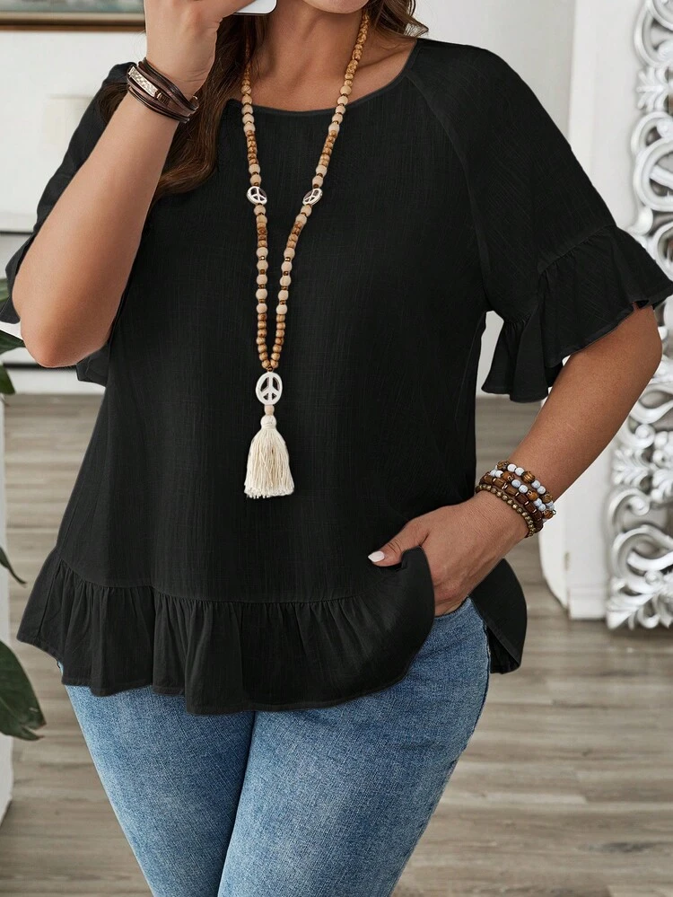 Plus Size Summer Casual Solid Color Round Neck Ruffle Hem Blouse Summer Dress Summer Outfits For Women Spring Clothing Spring Outfit Beach Outfits For Women Vacation Outfits Women Summer Holiday Outfits Country Style For Women Summer Tops