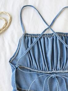 Comfortcana Women's Pleated Casual Loose Denim Romper Summer Outfit For Women Spring Outfit Women Easter Outfit Women Festival Outfits For Women Beach Outfits For Women Beach Outfit Casual Jumpsuit For Women Vacation Outfits Women Summer Holiday Outfits Vacation Outfits For Women Country Concert Outfit Blue Jumpsuit For Women - Light Wash - View 4