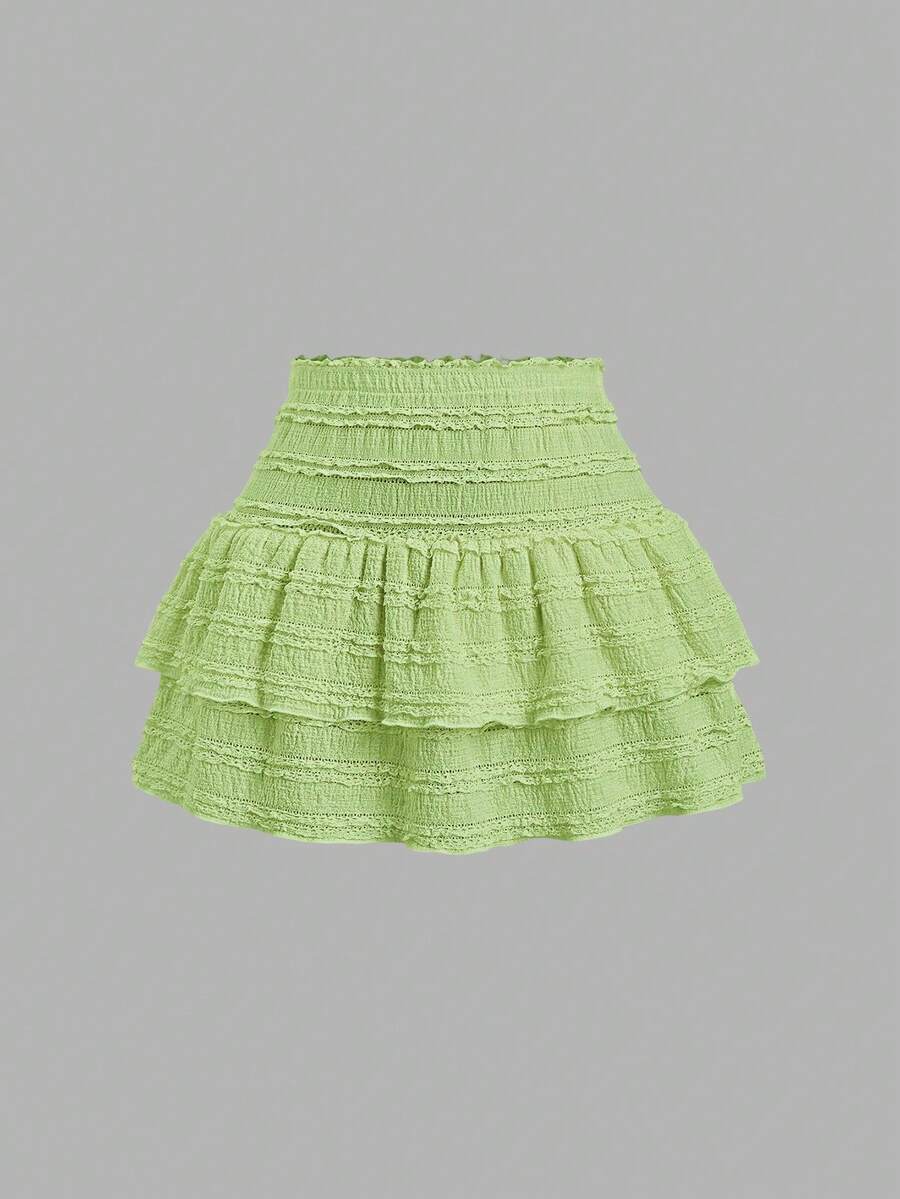 Sweetra 纯色荷叶边数字印花双层下摆半身裙，休闲度假 Y2K 迷你短裙 - 綠色 - 查看 1
