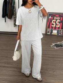 Muchica 女士夏季新款字母刺绣宽松短袖T恤和裤子套装 - 灰色 - 查看 3