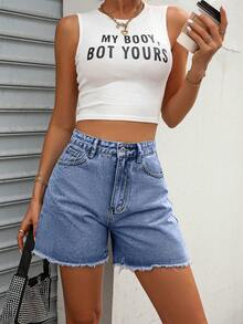 SHEIN Frenchy Shorts vaqueros sencillos con bolsillo delantero y botones para mujer, uso casual diario - Azul - Ver 5