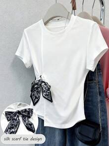 Franclia 女士纯色简约日常穿搭蝴蝶结装饰短袖T恤 - 白色 - 查看 3