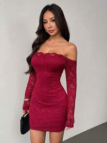 SHEIN PETITE Đầm ngắn tay dài trễ vai phối ren dành cho nữ, đầm hè, quần áo mùa xuân. - Đỏ - Xem 6