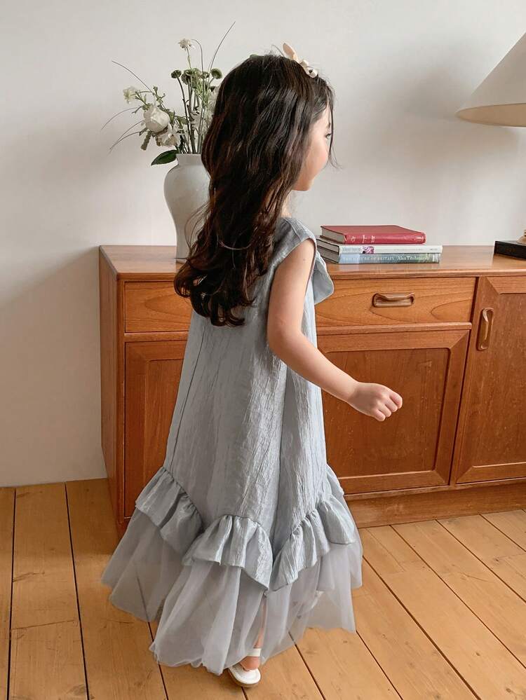 Young Girl' Round Neck Sleeveless Contrast Color Bow Decor Party Dress, Spring/Summer