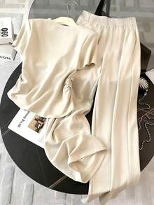 Resyla 女士春夏新款可爱蝴蝶结印花两件套，休闲百搭 - 杏色 - 查看 2