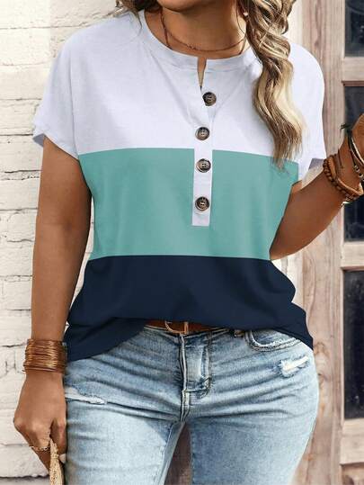 EMERY ROSE Nueva llegada Camiseta de manga corta con cuello en V y botones con estampado de bloques de color para mujer de talla grande, primavera/verano