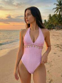 Bellisia Bộ đồ bơi đi biển mùa xuân/hè 26SS dành cho nữ, thanh lịch, lãng mạn, họa tiết hoa, phong cách boho bohemian, dây đeo vai mảnh có nơ thắt hình vỏ sò, cúp ngực rời, dây spaghetti và nơ cài cổ, thích hợp cho kỳ nghỉ biển. - Hồng - Xem 8