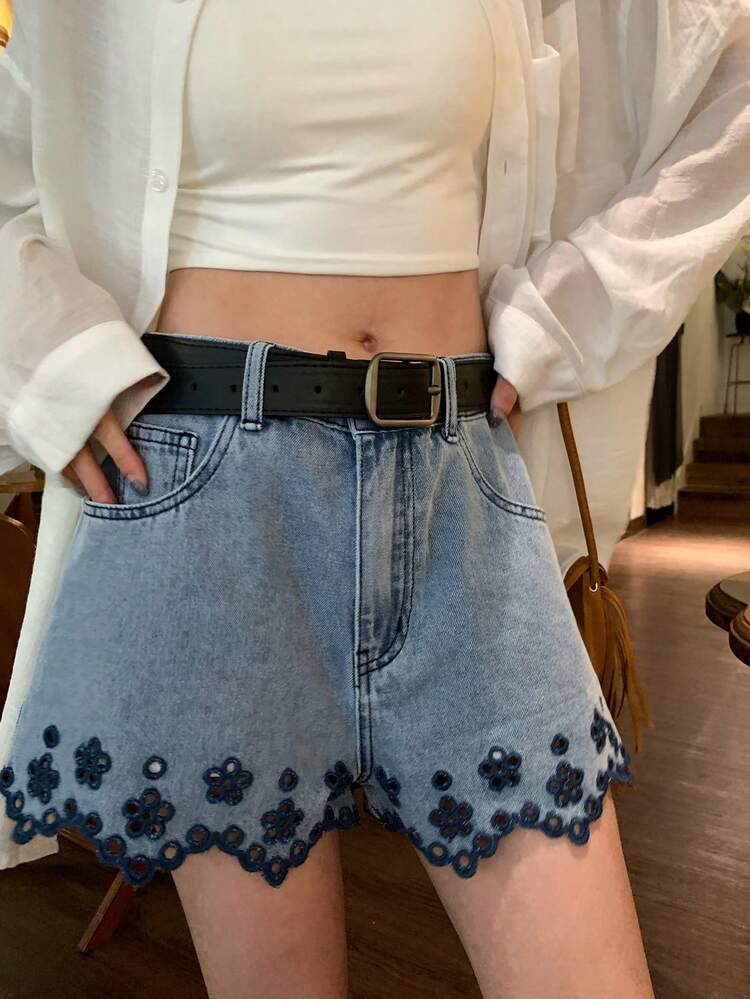 Women's Hollow Embroidered Korean Style Summer Sexy Versatile Denim Shorts Jorts