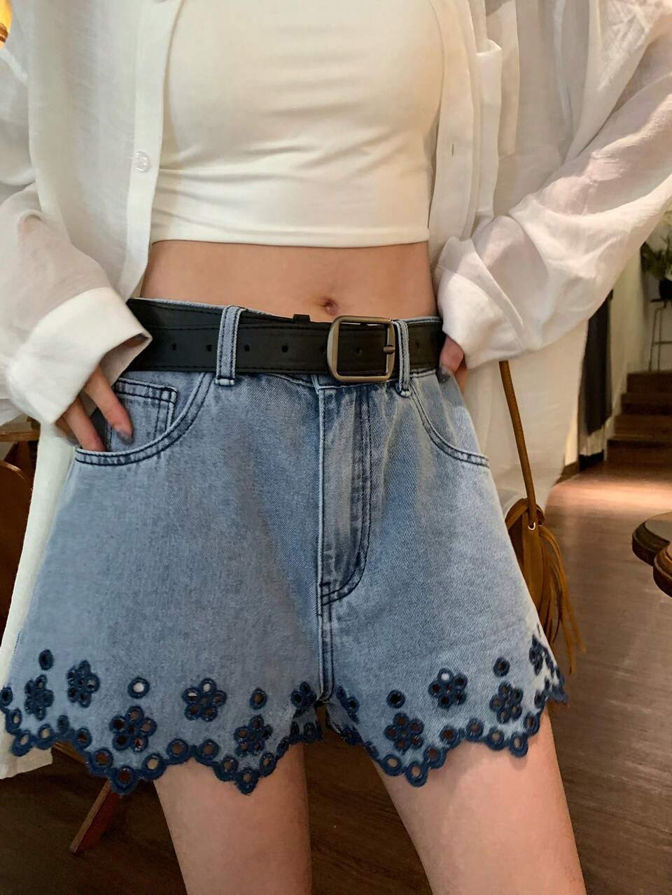 Women's Hollow Embroidered Korean Style Summer Sexy Versatile Denim Shorts Jorts
