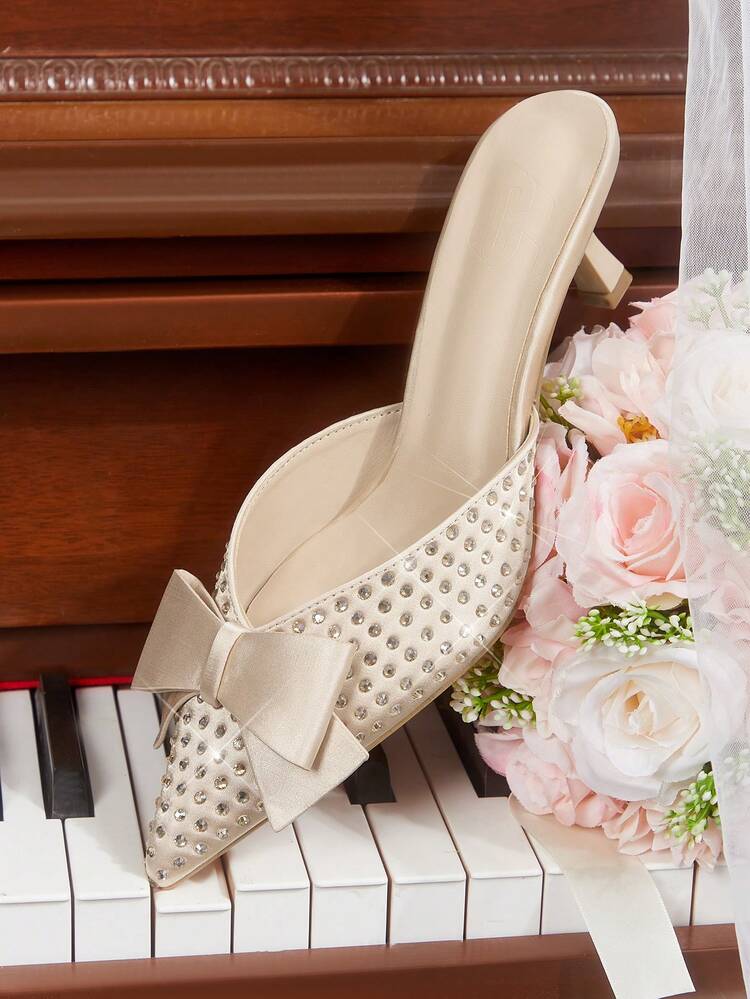 CUCCOO HITCHD Women's Autumn/Winter New Sparkling Crystal Bow Pointed Toe Kitten Heel Elegant Luxurious Romantic Sexy Burgundy Satin High Heel Mules Dress Shoes, Bridal Wedding Guest Party Formal Occasion For Christmas Wedding Shoes Summer Shoes Bride Shoes