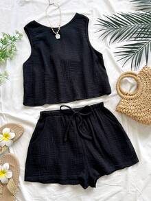 SHEIN WYWH 女士度假休闲宽松露背系带纹理面料A字吊带背心，弹性腰带休闲短裤带口袋，沙滩和海边 - 黑色 - 查看 3