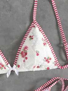 Swim Mod Conjunto de bikini de 2 piezas con estampado de rosas y escote halter en tela de encaje para mujeres, estilo sexy de vacaciones, traje de baño a juego de chica dulce para primavera/verano - Multicolor - Ver 3