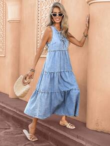 Selianne Đầm denim không tay, buộc dây phía trước, xếp nếp, dành cho nữ, thích hợp cho kỳ nghỉ. - Rửa trung bình - Xem 5