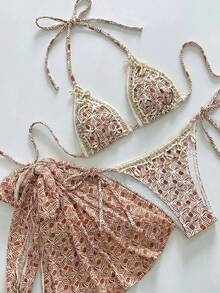 SHEIN Swim 女士几何印花复古优雅系带三件套比基尼，饰有贝壳图案，适合海滩、度假、派对穿着 - 彩色 - 查看 1