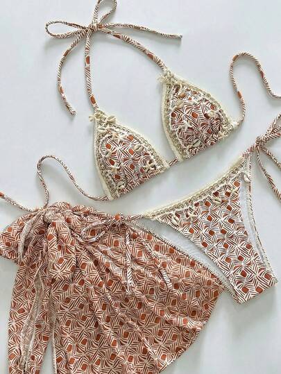 Swim Vcay Women's Geometric Print Retro Elegant Lace-Up 3-Piece Bikini Set With Shell Decor, Suitable For Beach, Vacation, Party,Valentine Outfits For Women, Boho Bikini Set, Bathing Suits For Women Boho, Weddings & Events