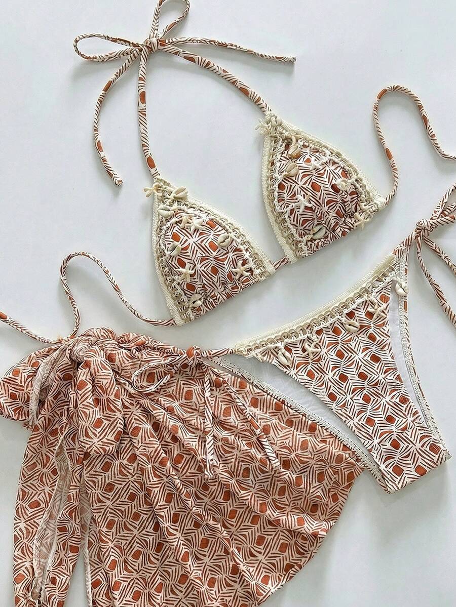 SHEIN Swim 女士几何印花复古优雅系带三件套比基尼,饰有贝壳图案,适合海滩、度假、派对穿着 - 彩色 - 查看 1