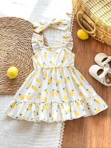 SHEIN Vintaside Kids 2件套新生女宝宝粉色卡通草莓格子连衣裙，配可爱蝴蝶结发带，0-3个月，柔软、弹力、舒适，荷叶边装饰，适合外出、度假、拍照，春夏新品 - 黃色 - 查看 2