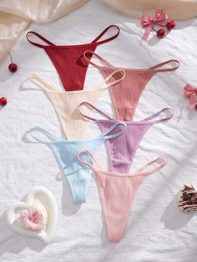 Eraneu 6条/套 混色简约罗纹丁字裤