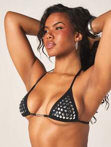 Missguided x Playboy Studded Triangle Bikini Set With Halter Top And Tie-Side Bottom For Beach And Pool - Black - View 5