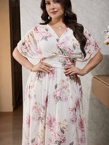 Modelyn Plus Size Women's Elegant Floral Print Ruffle Batwing Sleeve Waist Tie Maxi Dress, Summer Resort Style - Pink - View 4