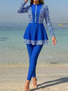 Swim Mulvari 两件套女士布基尼泳衣套装，花卉印花层叠荷叶边设计，蓝色度假风布基尼泳装套装 - 藍色 - 查看 6