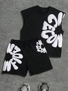 SLATEMANN 男士休闲字母印花圆领背心短裤套装，夏季 - 黑色 - 查看 1